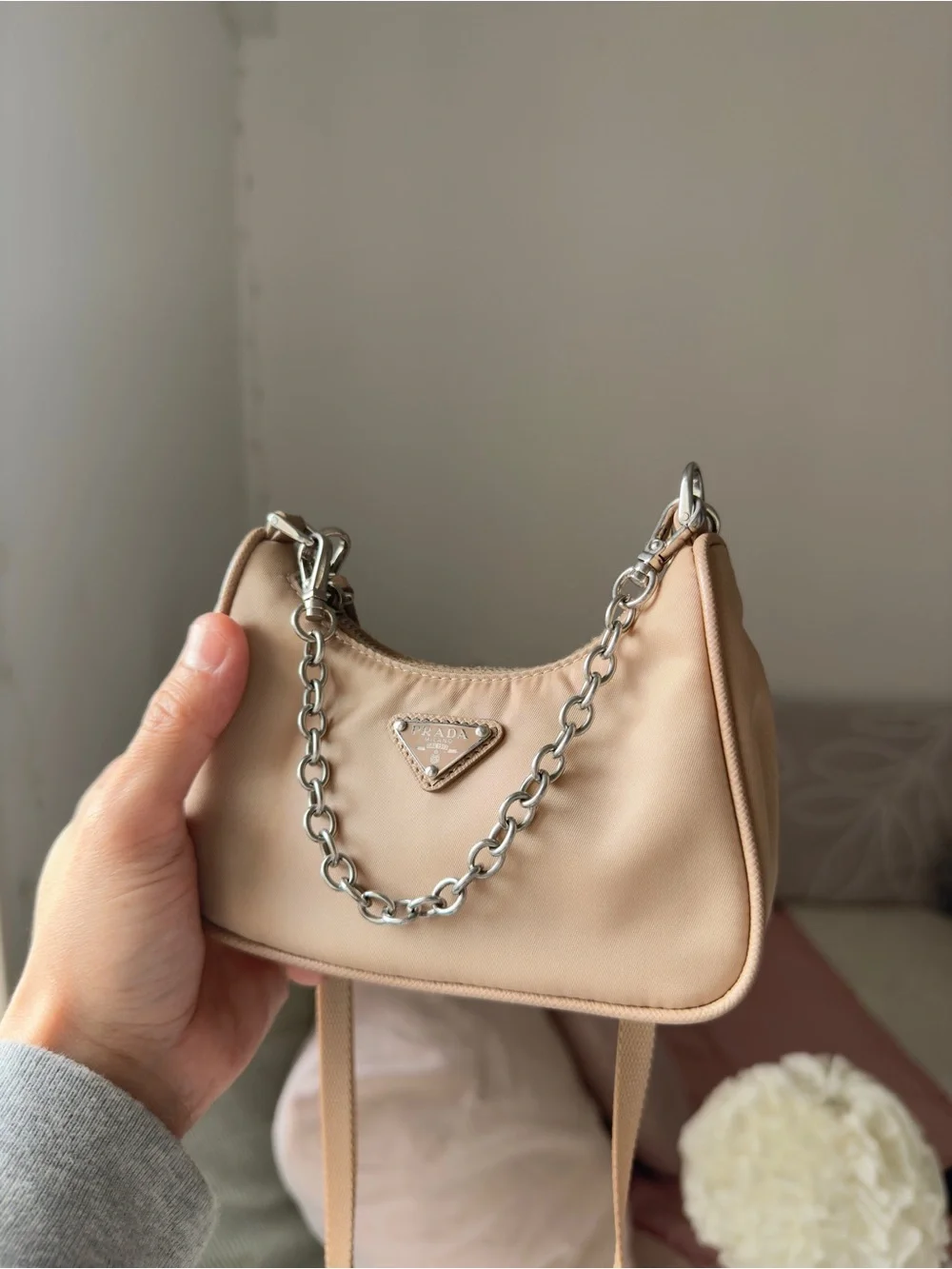Prada Mini Nylon Shoulder Bag in Beige with Silver Chain - Picture 7 of 11
